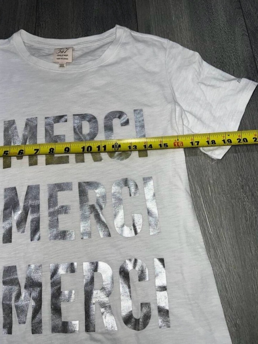 NWOT Cinq à Sept White Short Sleeve MERCI Silver Metallic Foil Graphic Tee Shirt - Picture 2 of 7
